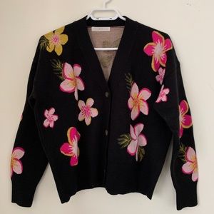Floral pink + black cardigan NWOT